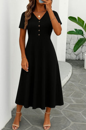 Rochie midi din viscoză pentru femei, cu mânecă scurtă, decolteu în V, crăpături în față și nasturi, 34680