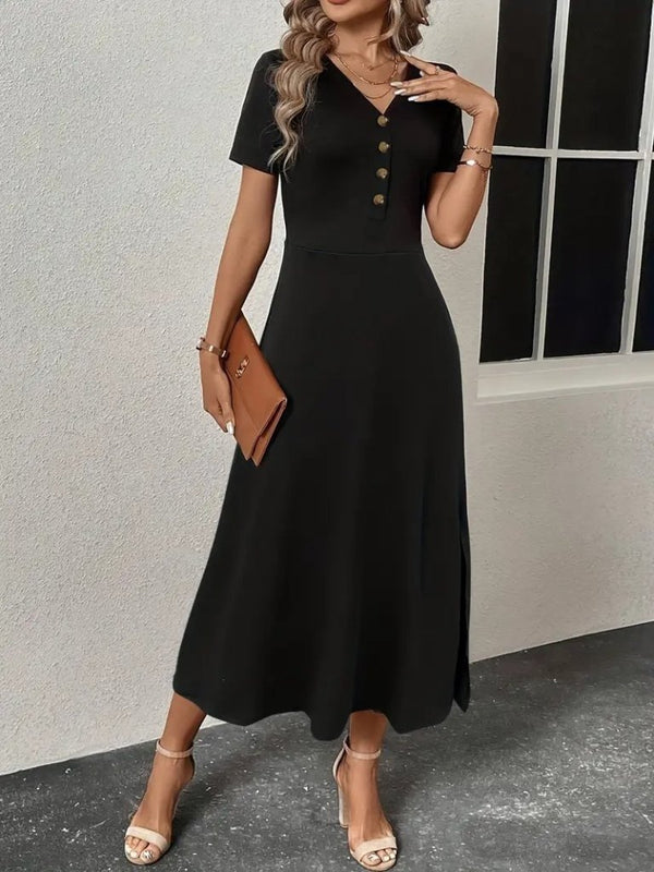Rochie midi din viscoză pentru femei, cu mânecă scurtă, decolteu în V, crăpături în față și nasturi, 34680
