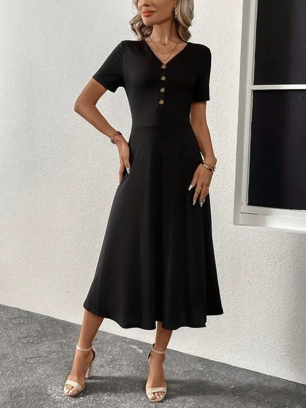 Rochie midi din viscoză pentru femei, cu mânecă scurtă, decolteu în V, crăpături în față și nasturi, 34680