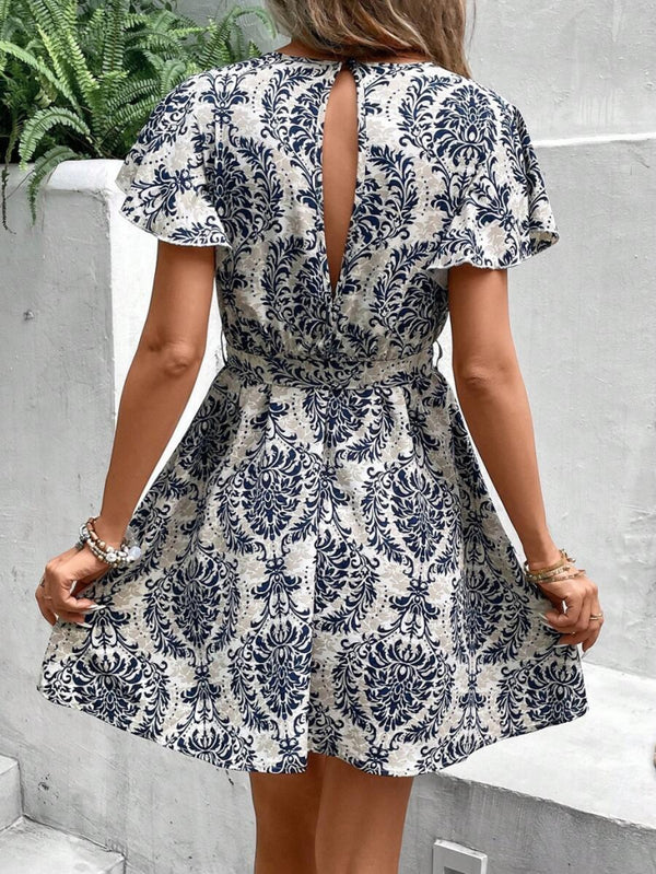Rochie de damă cu mânecă scurtă, decolteu în V, curea și model Sofia, 23467