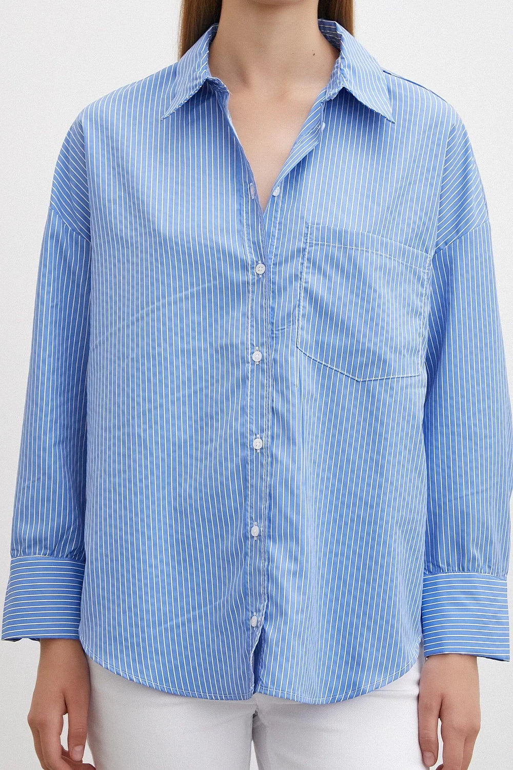 İnce Çizgili Gömlek - Mavi - Mavi - L