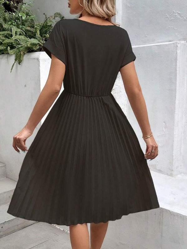 Rochie scurtă din crep importat, cu mânecă scurtă, decolteu deschis, talie elastică, plisată, pentru femei, 31206