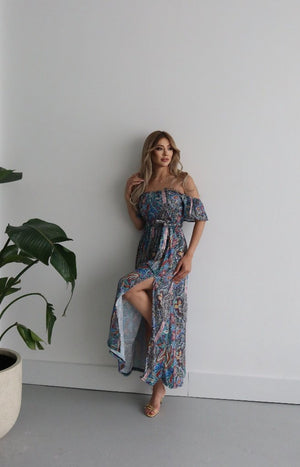 Kadın Kısa Kollu Madonna Yaka Fırfırlı Belden Yırtmaçlı Maksi Süprem Elbise, 34685