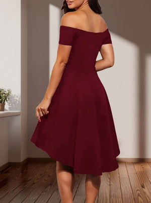 Rochie de damă din crep importat, cu mânecă scurtă, decolteu Madonna, scurtă în față și lungă în spate, 31251
