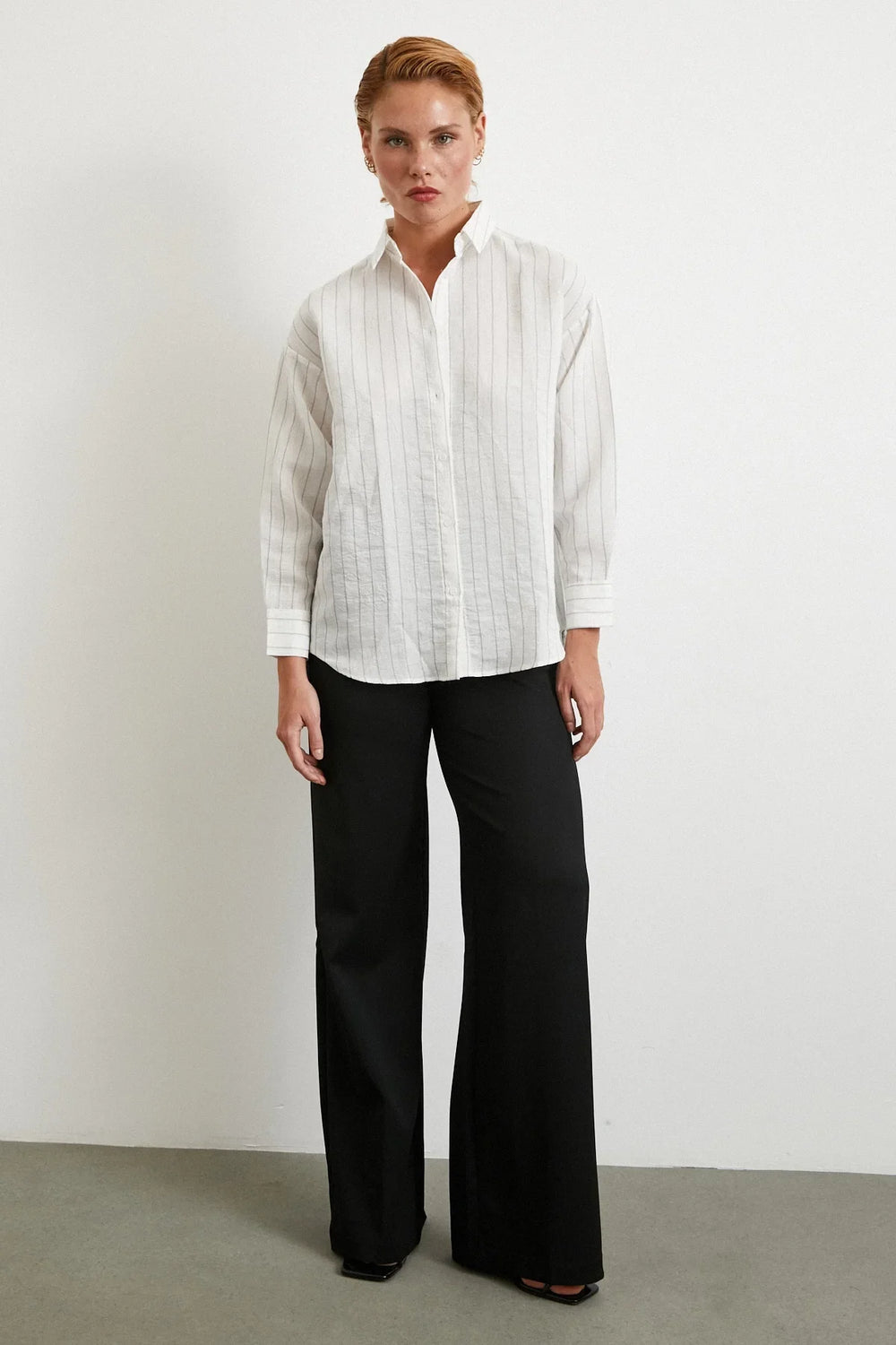 Pamuklu Çizgili Gömlek - Beyaz - Beyaz - L