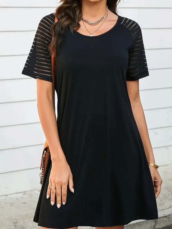 Rochie de damă din viscoză cu mânecă scurtă, guler rotund și detalii cu dungi pe mâneci, 23975