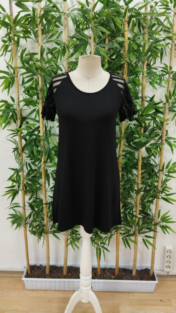 Rochie de damă din viscoză cu mânecă scurtă, guler rotund și detalii cu dungi pe mâneci, 23975