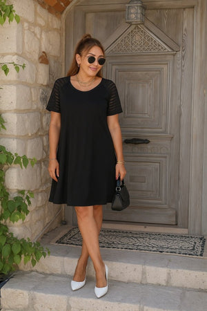 Rochie de damă din viscoză cu mânecă scurtă, guler rotund și detalii cu dungi pe mâneci, 23975