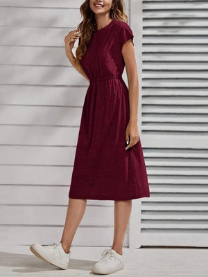 Rochie midi din viscoză cu mânecă scurtă și guler rotund pentru femei, cu talie elastică, 33927
