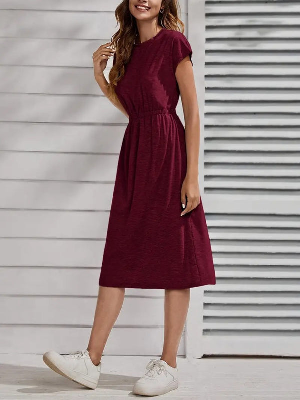 Rochie midi din viscoză cu mânecă scurtă și guler rotund pentru femei, cu talie elastică, 33927