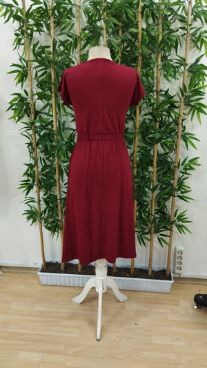 Rochie midi din viscoză cu mânecă scurtă și guler rotund pentru femei, cu talie elastică, 33927