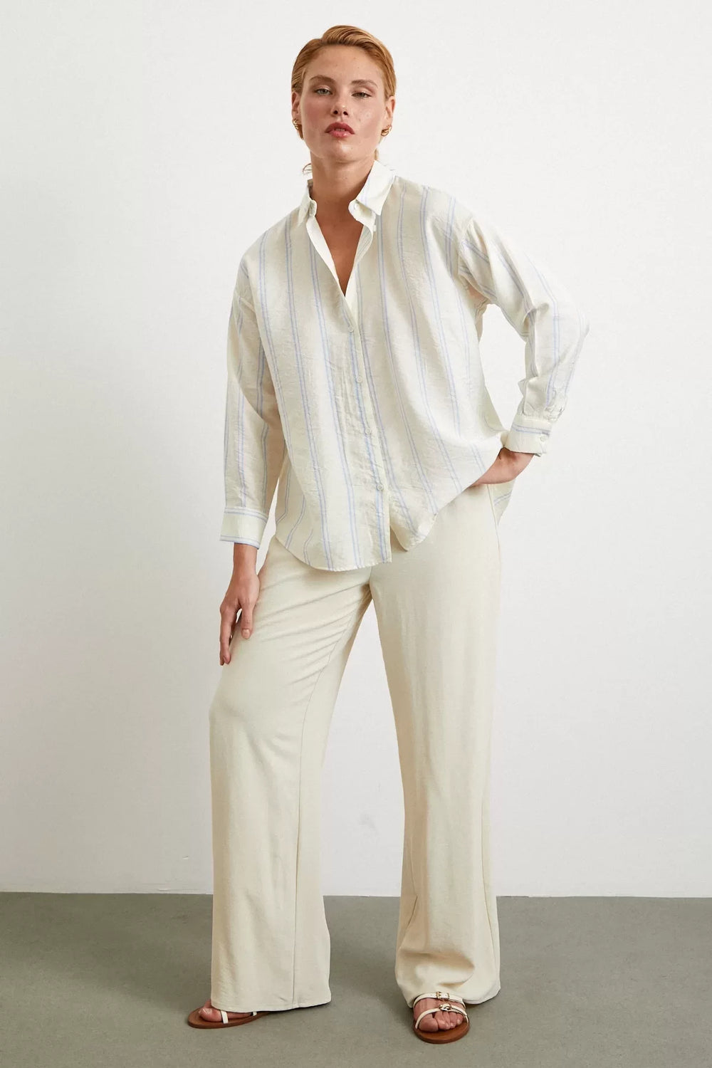 Çift Çizgili Modal Gömlek - Mavi - Mavi - L