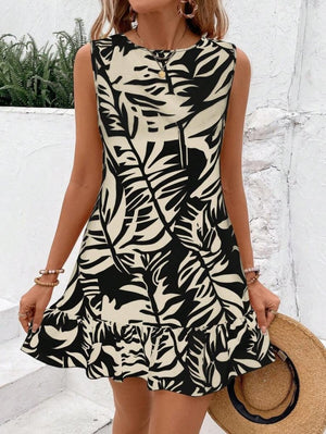 Rochie de damă Sofia, fără mâneci, cu guler rotund și model cu volane, 34324