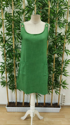 Rochie de damă din in, cu bretele, nasturi, decolteu rotund și buzunare, 25706
