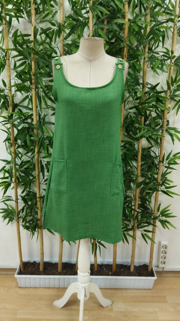 Rochie de damă din in, cu bretele, nasturi, decolteu rotund și buzunare, 25706