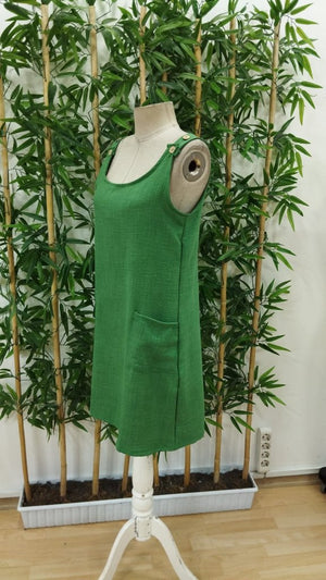 Rochie de damă din in, cu bretele, nasturi, decolteu rotund și buzunare, 25706