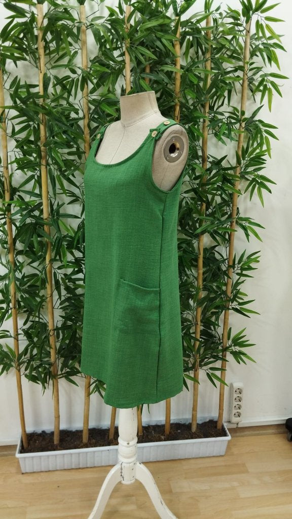 Rochie de damă din in, cu bretele, nasturi, decolteu rotund și buzunare, 25706