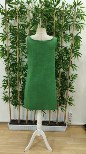 Rochie de damă din in, cu bretele, nasturi, decolteu rotund și buzunare, 25706