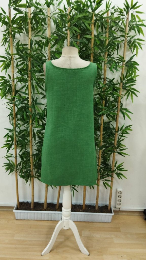 Rochie de damă din in, cu bretele, nasturi, decolteu rotund și buzunare, 25706