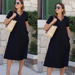 Rochie de damă din viscoză, cu mânecă scurtă, decolteu în V și linie A, cu buzunare, 24433