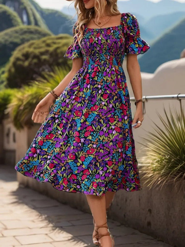 Rochie mini Supreme pentru femei, cu mânecă scurtă, decolteu pătrat, talie elastică, model floral, 25935