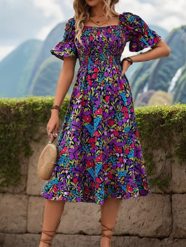 Rochie mini Supreme pentru femei, cu mânecă scurtă, decolteu pătrat, talie elastică, model floral, 25935
