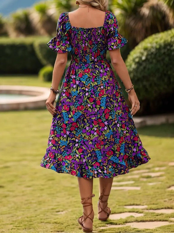 Rochie mini Supreme pentru femei, cu mânecă scurtă, decolteu pătrat, talie elastică, model floral, 25935