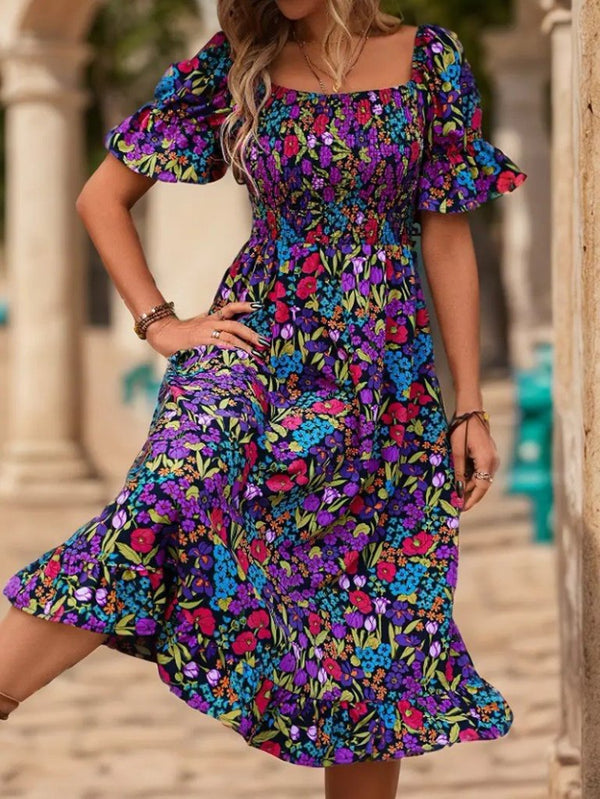 Rochie mini Supreme pentru femei, cu mânecă scurtă, decolteu pătrat, talie elastică, model floral, 25935