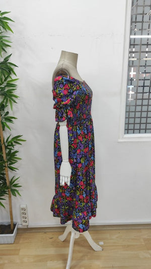 Rochie mini Supreme pentru femei, cu mânecă scurtă, decolteu pătrat, talie elastică, model floral, 25935