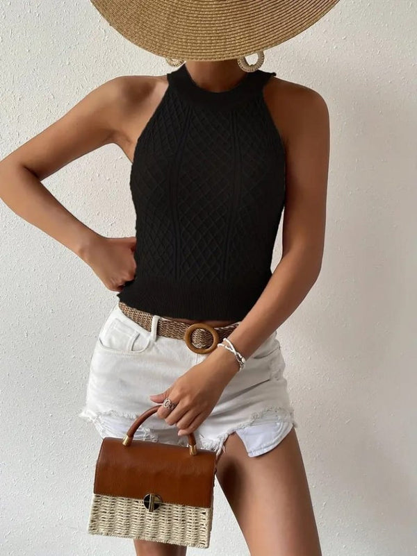 Kadın Kolsuz Halter Yaka Mini Baklava Desenli Triko Bluz, 26844