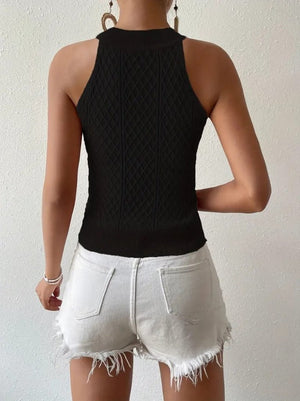 Kadın Kolsuz Halter Yaka Mini Baklava Desenli Triko Bluz, 26844
