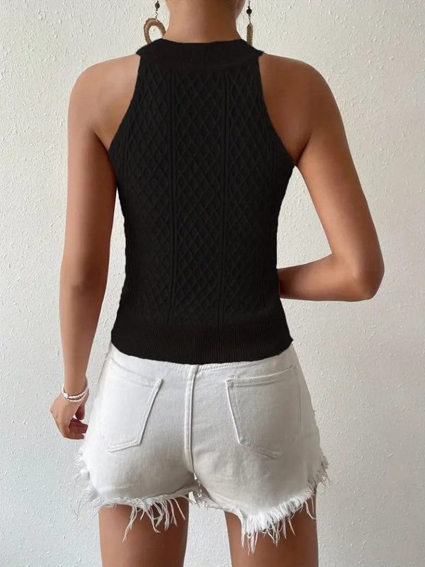 Kadın Kolsuz Halter Yaka Mini Baklava Desenli Triko Bluz, 26844