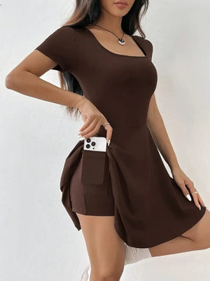 Kadın Kısa Kollu Kare Yaka Short Detaylı Cepli Dalgıç Elbise, 25591