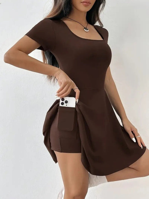 Kadın Kısa Kollu Kare Yaka Short Detaylı Cepli Dalgıç Elbise, 25591