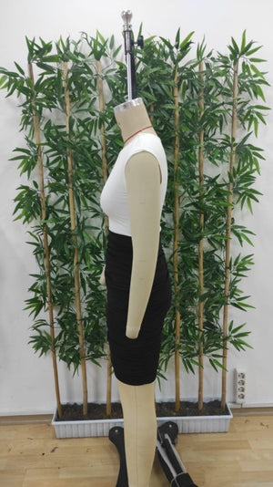 Rochie scurtă de damă cu mânecă scurtă, guler rotund, fustă încrețită în două culori, model scuba, 26627