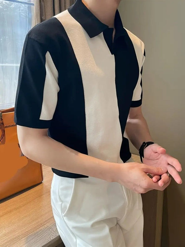 Erkek Kısa Kollu Polo Yakalı Blok Desenli Triko Bluz, 34161