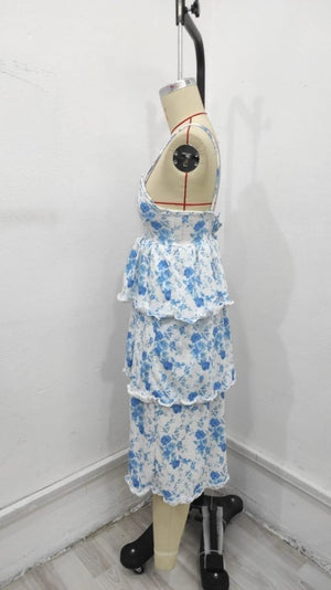 Rochie midi Supreme pentru femei, fără mâneci, cu bretele, decoltate, cu crăpături, imprimeu floral, 34014
