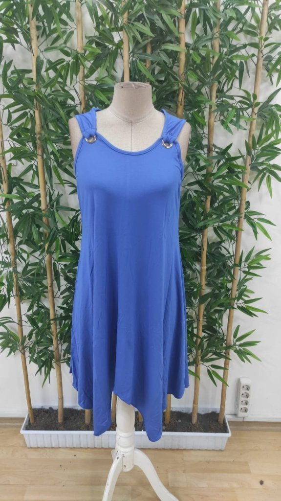 Rochie asimetrică din viscoză, cu guler rotund și bretele, pentru femei, cu detaliu de ochiuri, 24798