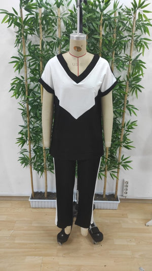 Set bluză și pantaloni din viscoză bicoloră, cu mânecă scurtă și decolteu în V pentru femei, 34679
