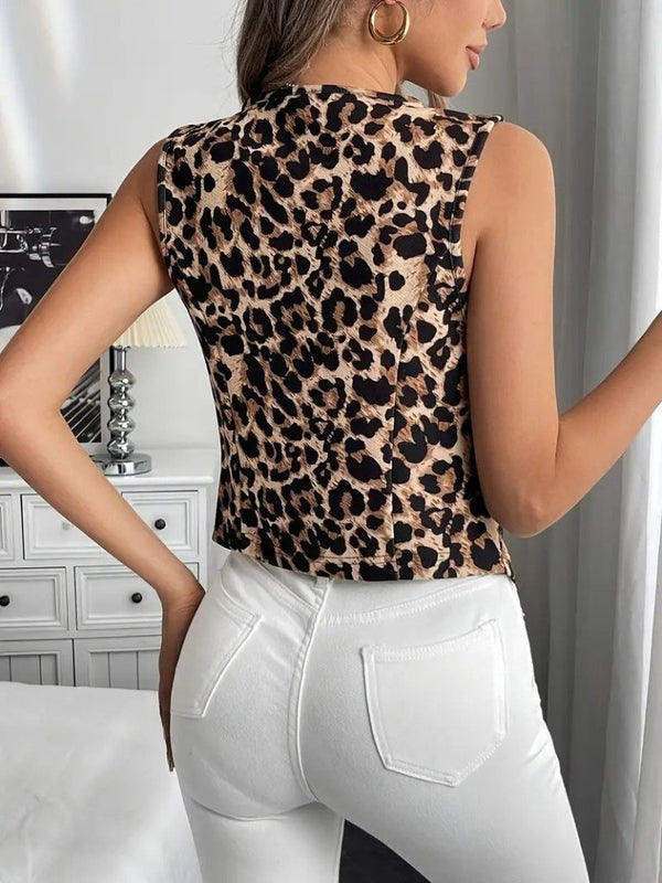 Kadın Askılı V Yakalı önden Düğmeli Leopar Desenli Atlas Ceket, 25789