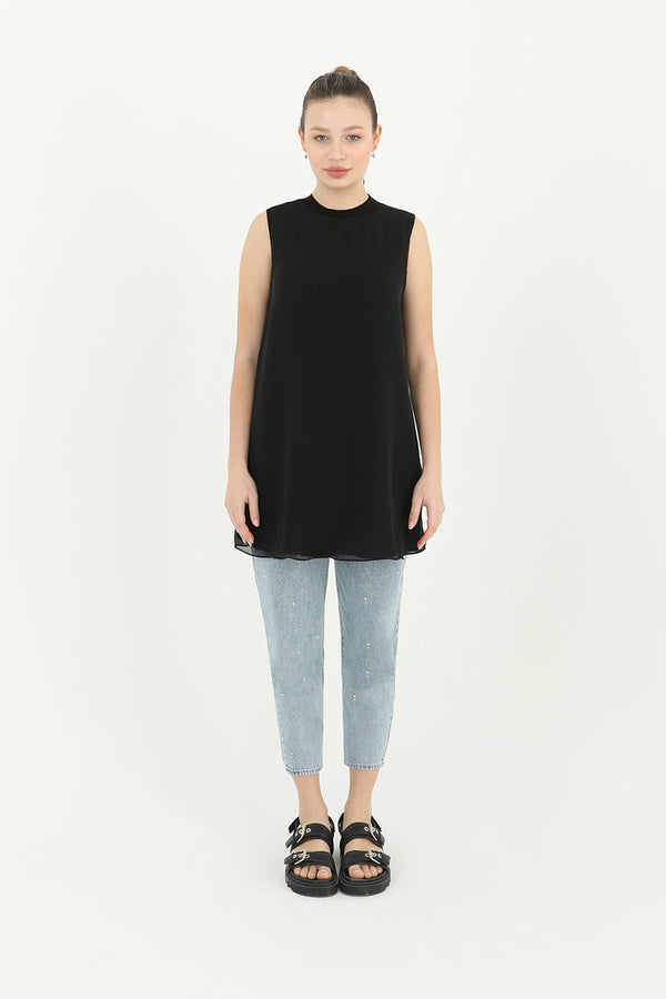 Kadın Kolsuz Tül Detaylı İçlik Tunik - 10270TUN - BLACK