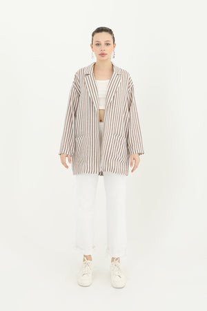 Kadın Çizgili Keten Ceket  - 10433CKT - BROWN