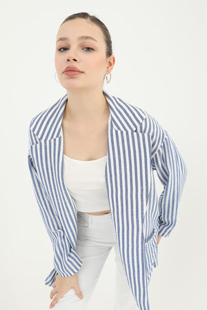 Kadın Çizgili Keten Ceket  - 10433CKT