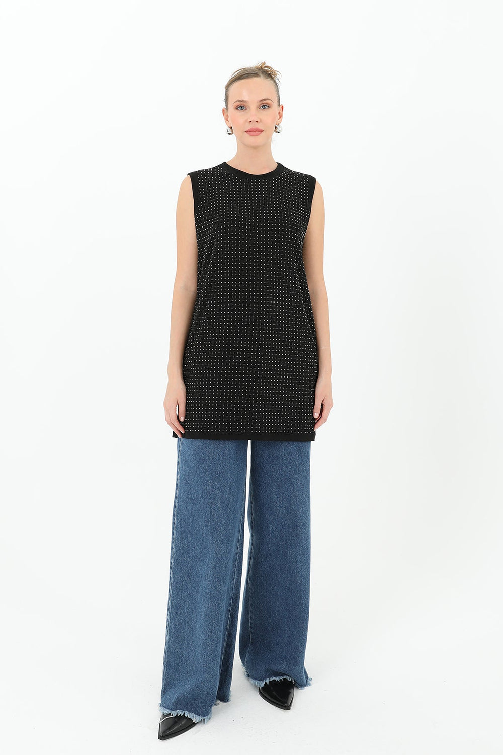 Kadın Sıfır Kol Taşlı Tunik -24S-10525TUN - ECRU