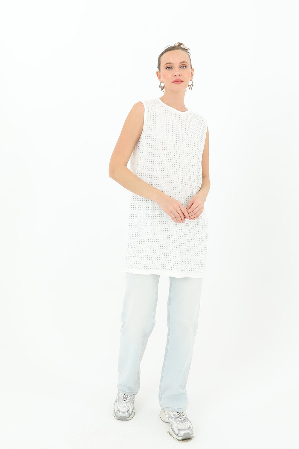 Kadın Sıfır Kol Taşlı Tunik -24S-10525TUN - ECRU