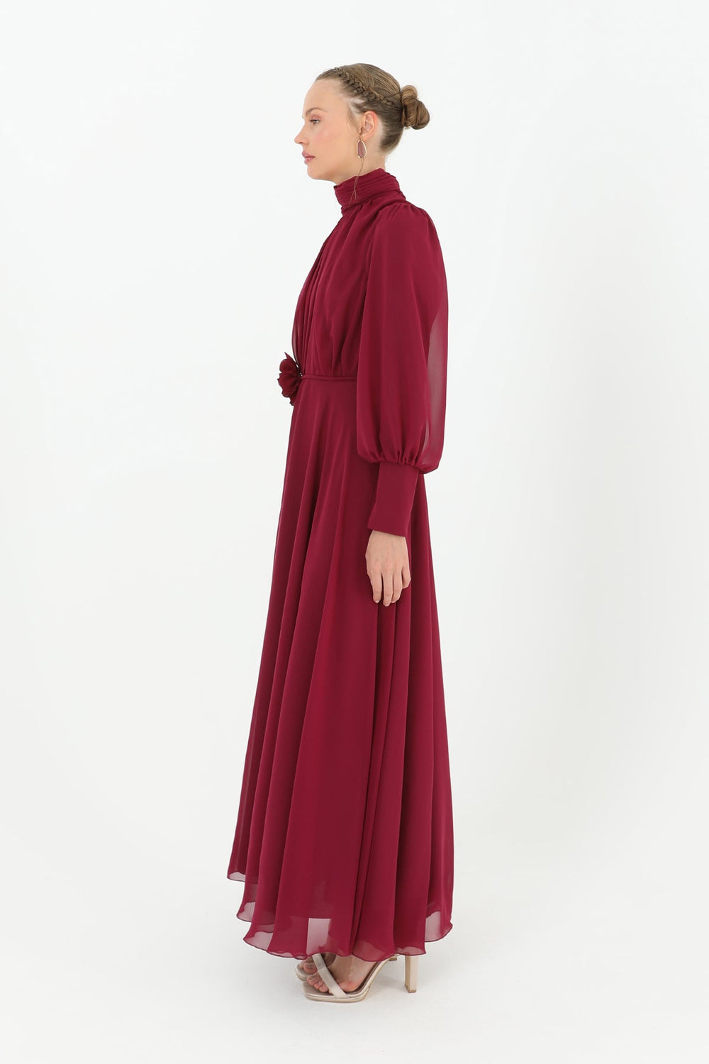 Kadın Dik Yaka Kemer Detaylı Şifon Elbise  - 12520ELB - FUCHSIA