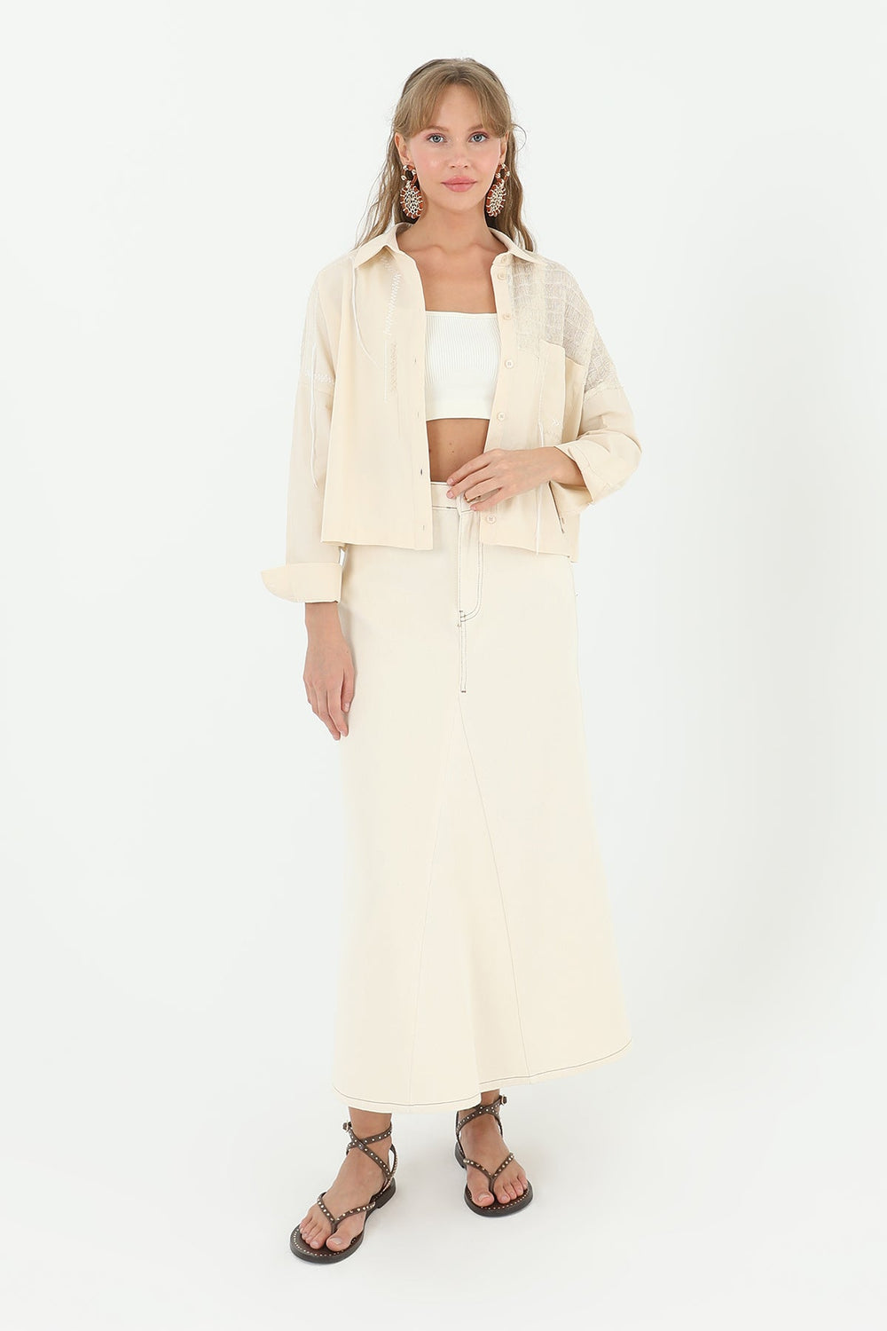 Kadın Önden Parçalı Etek  - 18186ETK - BEIGE