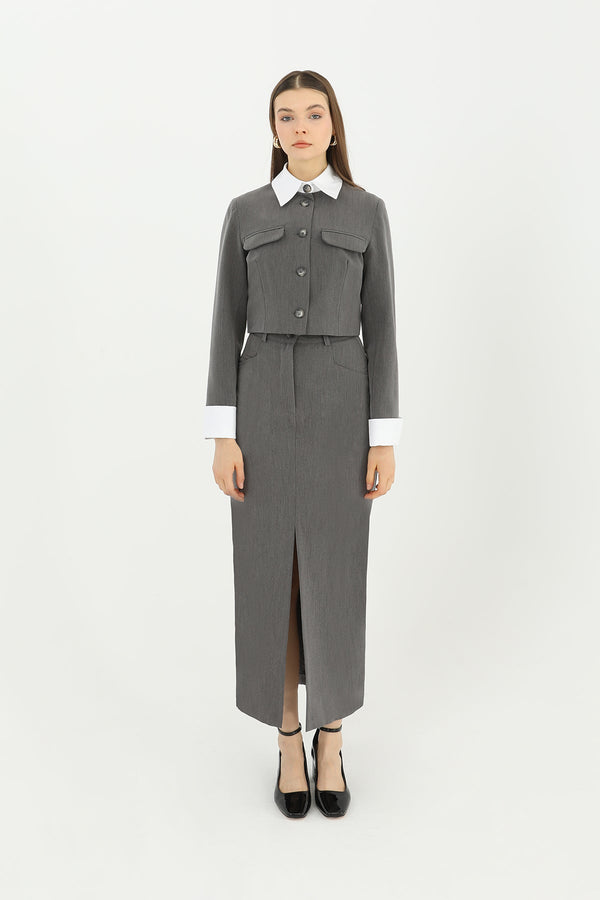 Kadın Önü Yırtmaçlı Kumaş Etek  - 31607ETK - ANTRACITE