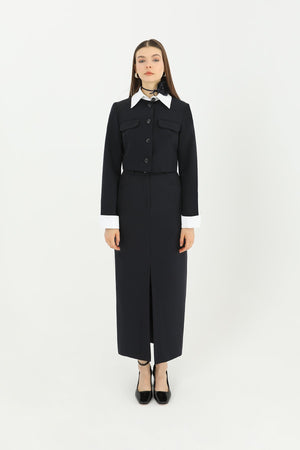 Kadın Önü Yırtmaçlı Kumaş Etek  - 31607ETK - NAVY