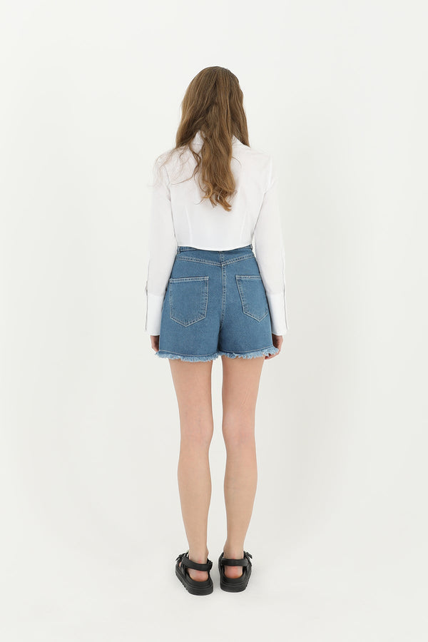 Kadın Manşet Kol Detaylı Crop Gömlek   - 31669GML